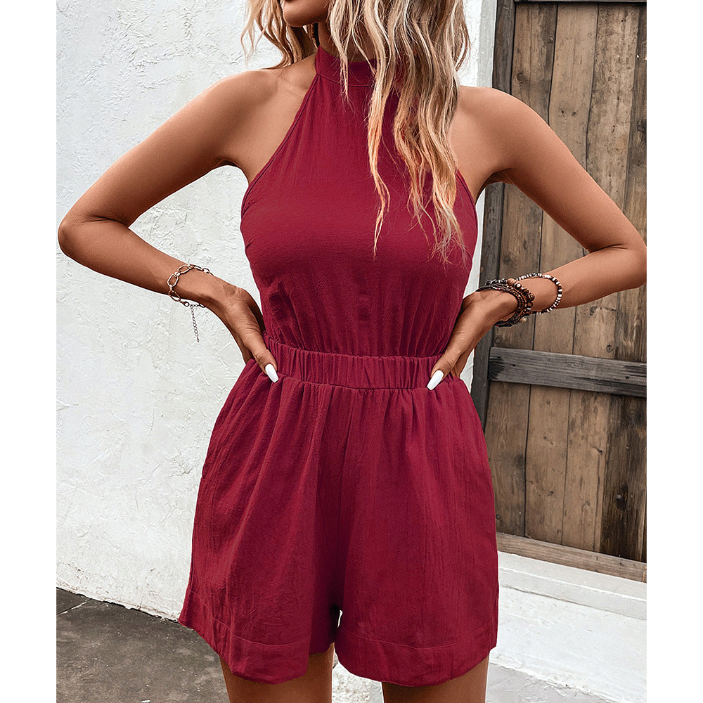 Solid Color Jumpsuit Women Summer Halter Sleeveless Backless Lace Up Shorts Women Clothing