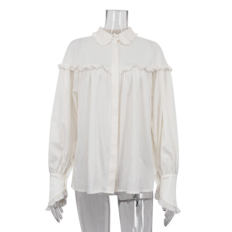 Women Clothing Early Spring Shirt Women French Collared Lantern Sleeve Lace Design Loose White Shirt