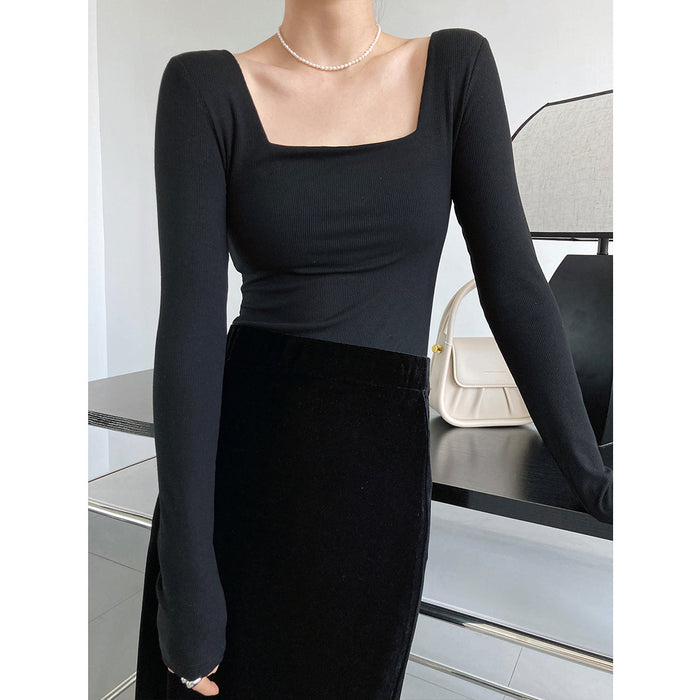 Long Sleeve Square Neck T shirt Women Slim Fit Slimming off Shoulder Low Collar Short Top Bottoming Shirt