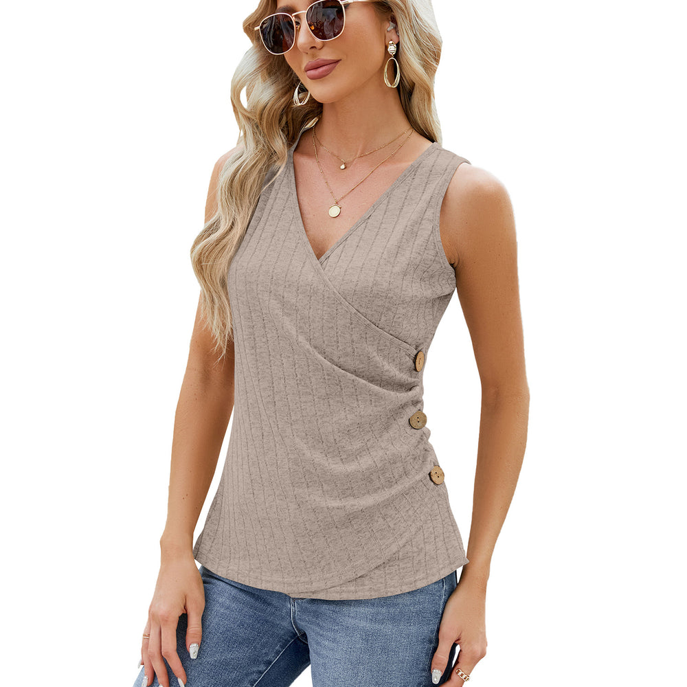 Summer Solid Color V neck Button Cinched Sleeveless Vest Top Ladies