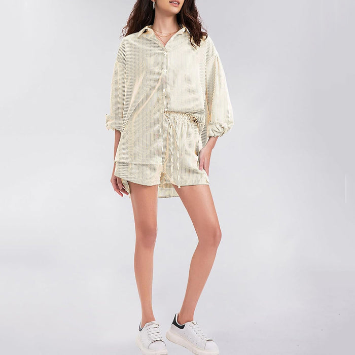 Summer Autumn Two Piece Long Sleeve Button Shirt Shorts Suit Women