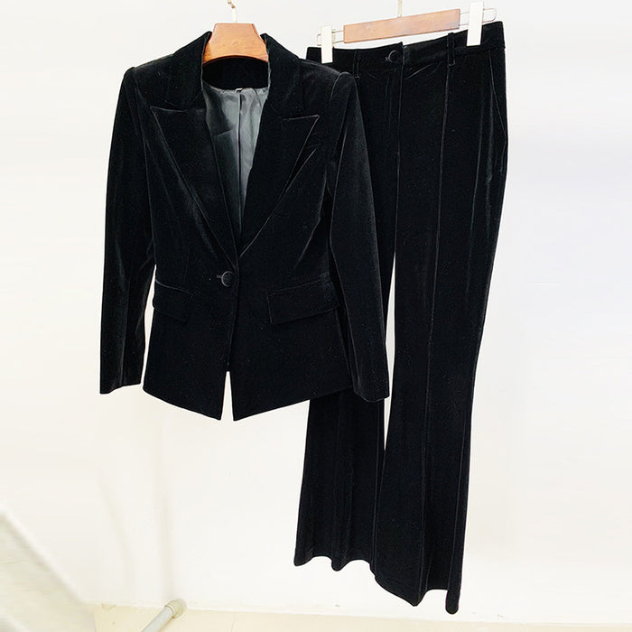 Autumn Winter Women Business One Button Pleuche Blazer Bell Bottom Pants Two Piece Set