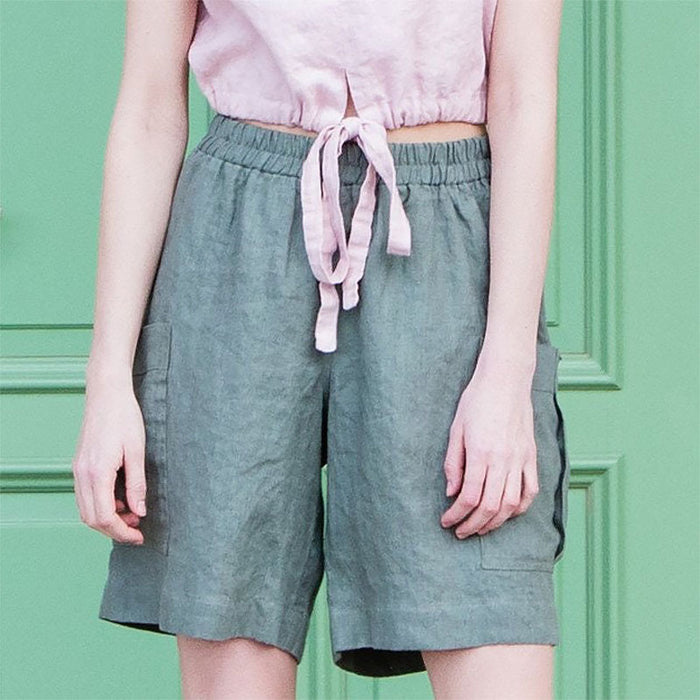 Pure Linen Casual Shorts Summer Women Washed Cotton Linen Overalls Elastic Waist Home Pants Outer Wear Fifth Pants