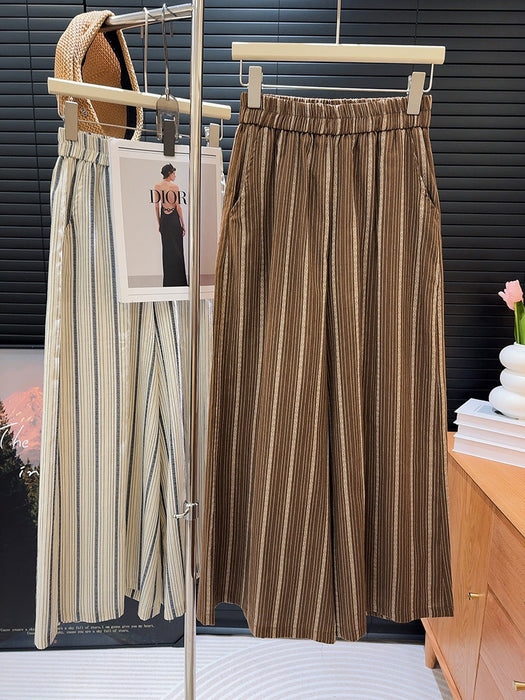 Korean Striped Culottes Women Summer Thin Casual Pants Loose Wide Leg Pants Draping Effect High Pants