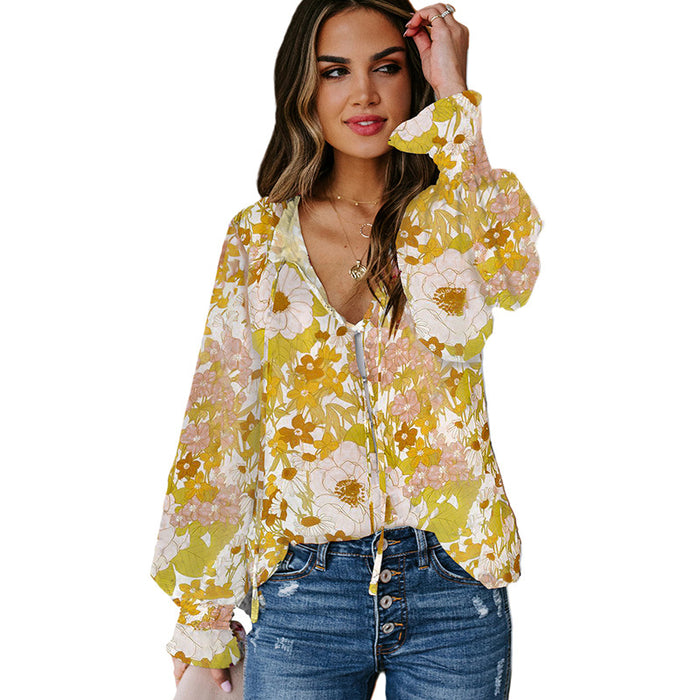 Autumn Winter Cardigan Button Floral Chiffon Shirt Women Loose Top