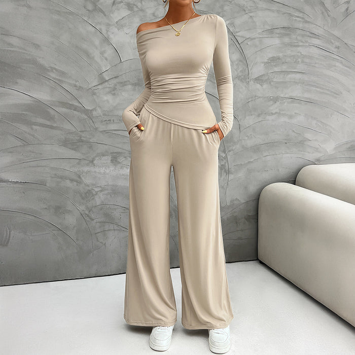 Autumn Winter Women Clothing Slim Long Sleeve Top Wide Leg Trousers Set