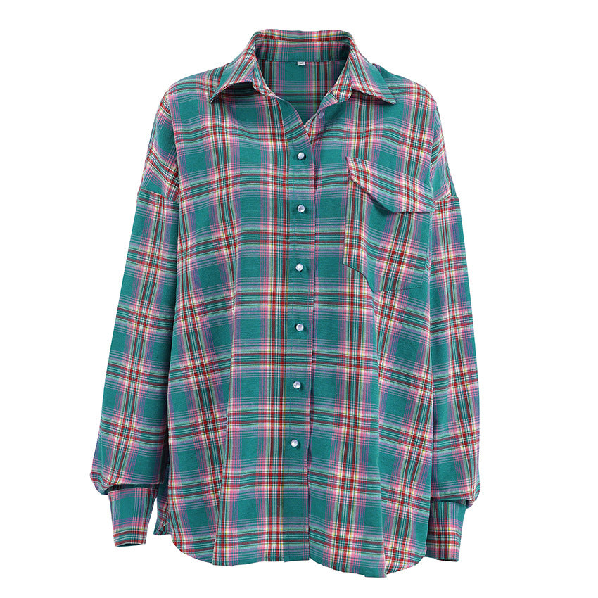 Spring Summer Street Plaid Loose Fitting Collared Long Sleeve Shirt Top for Women