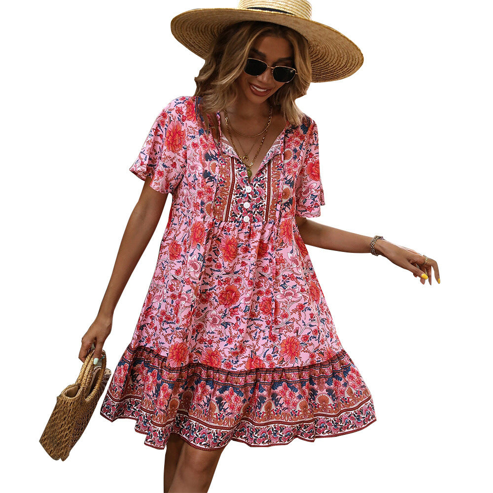 Woven V neck Loose Casual Printed Hem Holiday Dress