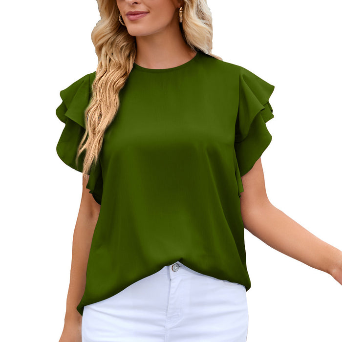 Summer Women Clothing round Neck Ruffle Sleeve Chiffon Shirt Top