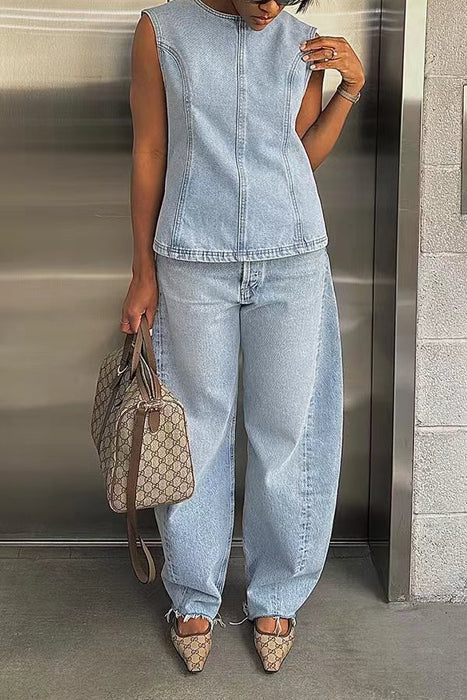 Arrival Casual Stretch Denim Vest Two Piece Set