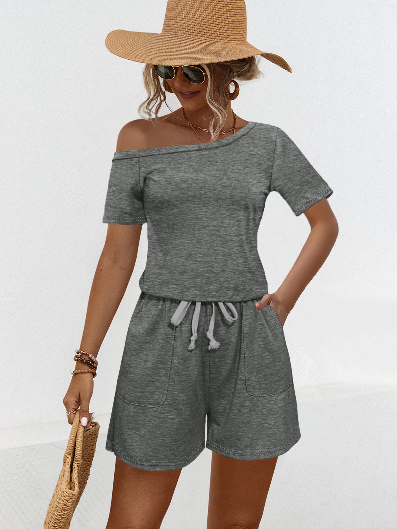 Off Shoulder Short Sleeve Pocket Lace Up Sloping Shoulder Off The Shoulder Jumpsuit Shorts