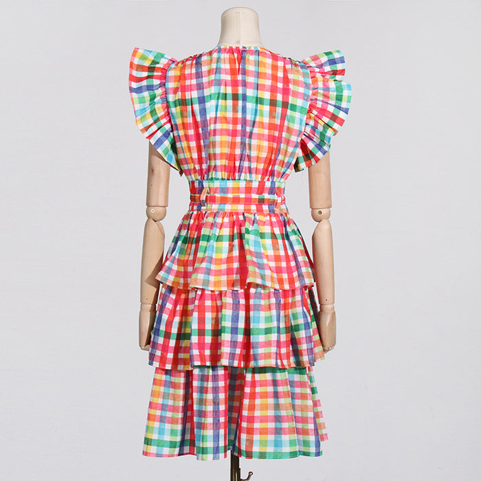 French Pastoral Retro Summer Flying Sleeves Plaid Printing Color Contrast Short High Waist Dress for Women