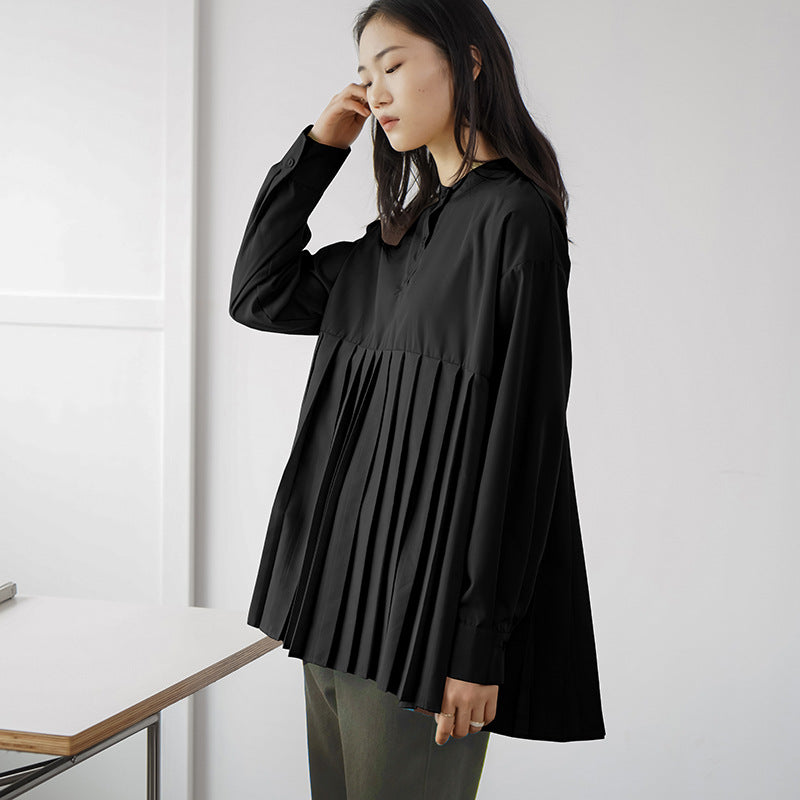 Japanese Letian Spring Loose Solid Color Pleated Shirt Women Mid Length Bottoming Shirt