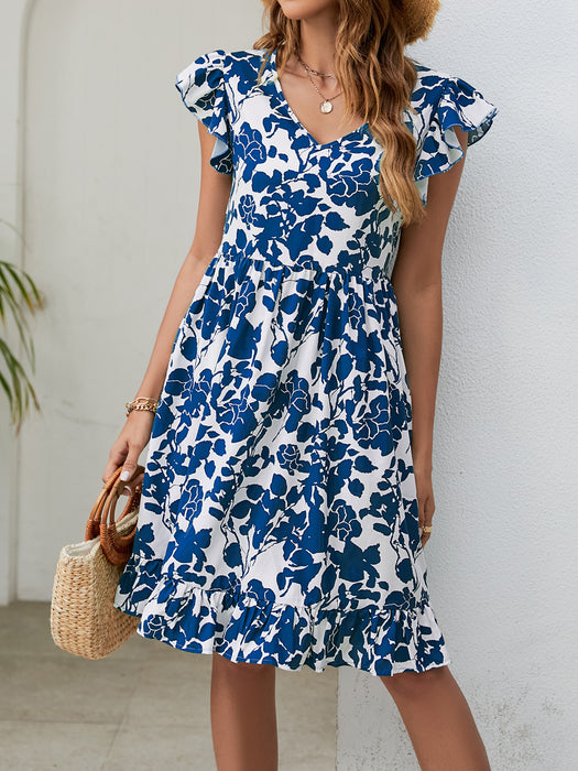 Summer Popular Leaf Printed Dress V Neck Ruffled Sleeve Casual Holiday Dress