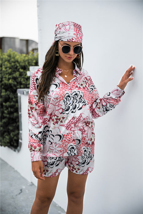 spring Autumn Retro Shirt Shorts Headscarf Three-Piece Suit