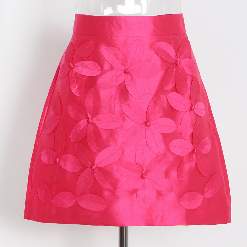 Three Dimensional Floral Design A line Skirt Summer Solid Color High Waist Slimming Short Skirt Women
