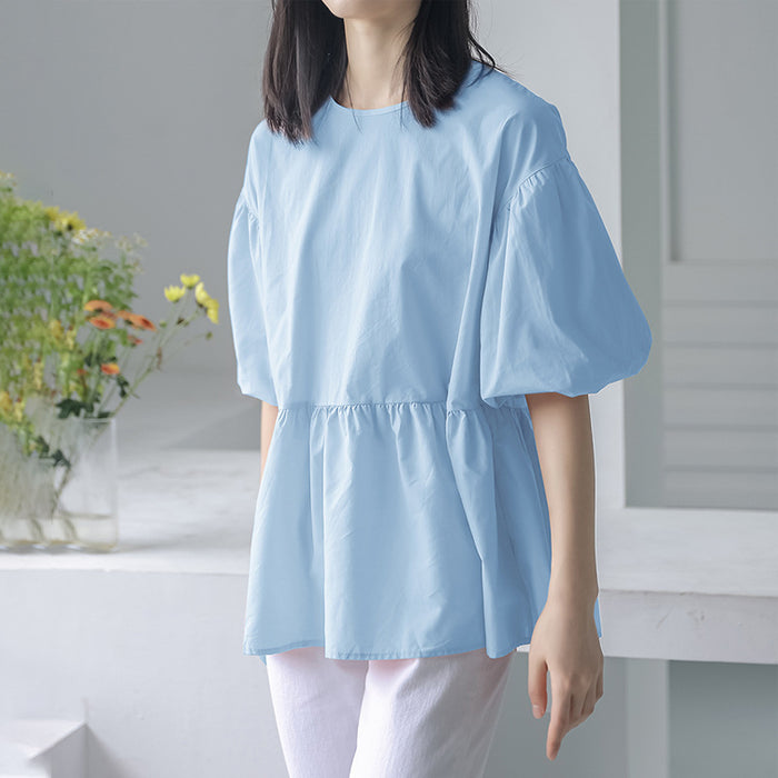 Japanese Korean Summer Short Sleeved Round Neck Shirt Women Lace Up Lantern Sleeve Minimalist Solid Color Top