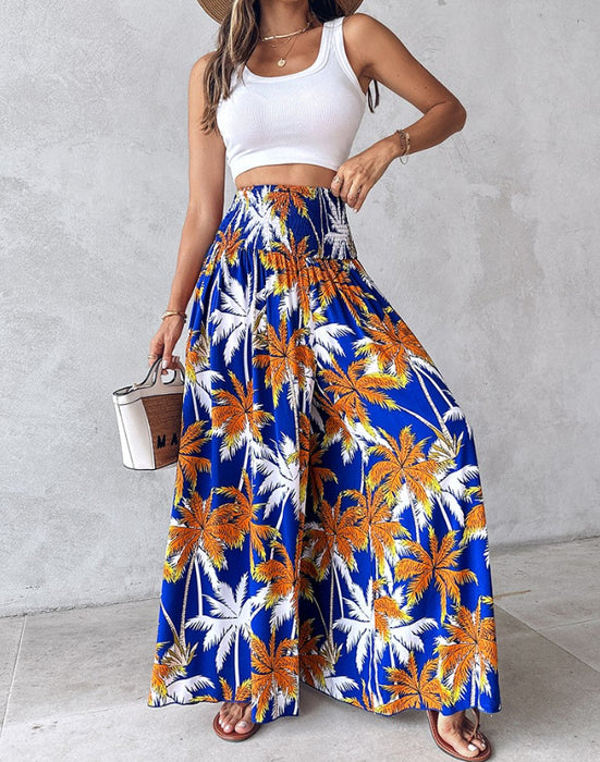 Women Clothing Printed Waist-Controlled Casual Trousers Wide Leg Pants