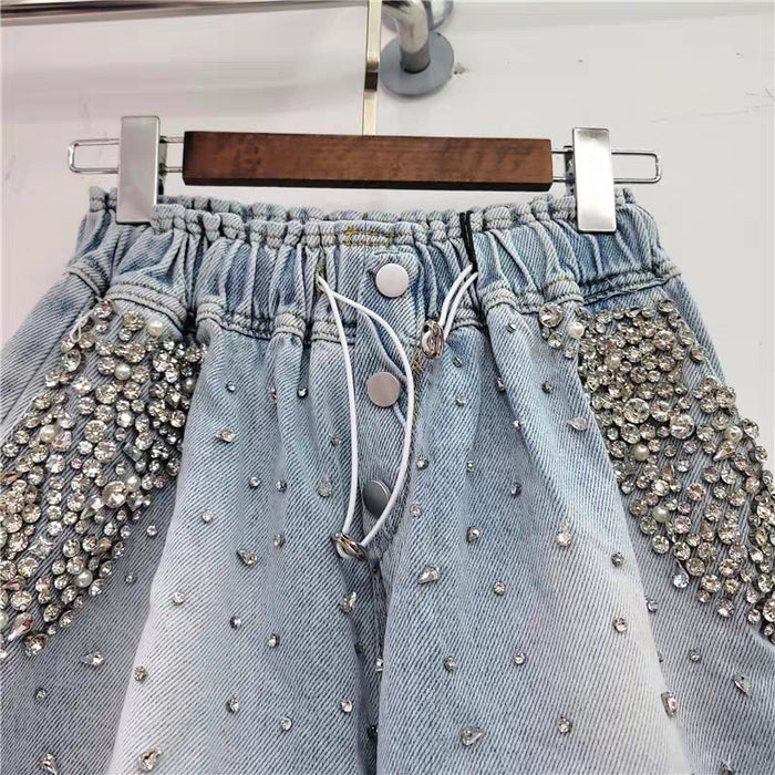 Heavy Industry Starry with Diamonds High Waist Slimming Wide Leg Denim Shorts Women Pants