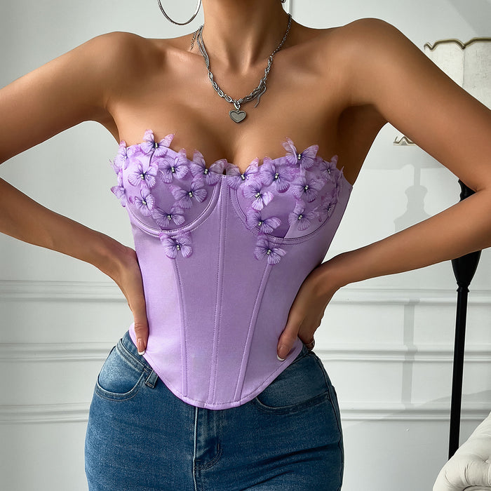 Sexy Low Cut Satin Butterfly Tube Top Diamond Steel Ring Boning Corset Top