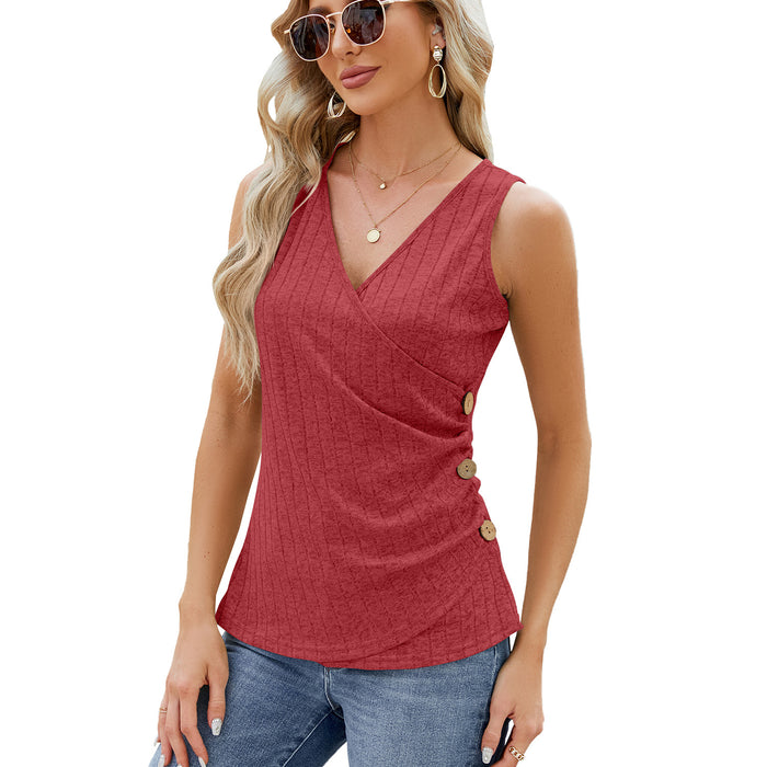 Summer Solid Color V neck Button Cinched Sleeveless Vest Top Ladies