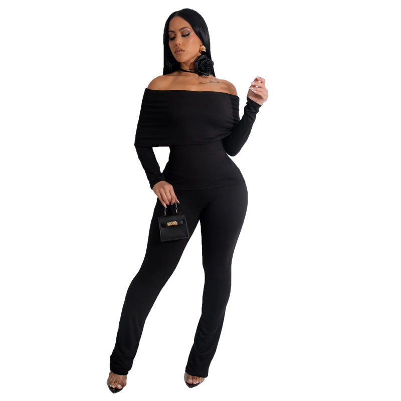 Women Clothing Sexy off the Shoulder High Elastic Slim Fit Long Sleeve Solid Color Set
