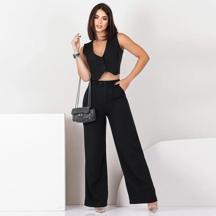 Casual Set Women Solid Color Sleeveless Cropped Women Loose Trousers Two Piece Set