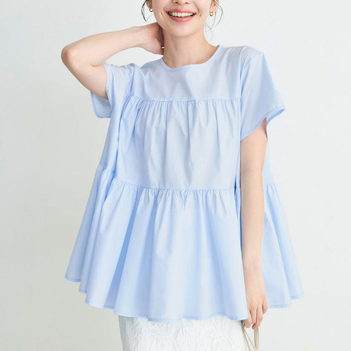 Japanese Korean Shirt Women Summer Pure Cotton High Grade Loose Solid Color Plaid Ruffled round Neck Short Sleeve