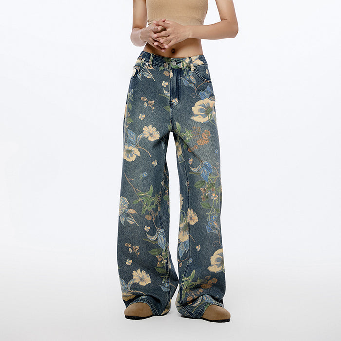 Women Same High Street Floral Wide Leg Jeans Printed Loose Fitting Nine One Mouth Two Leg Mop Pants