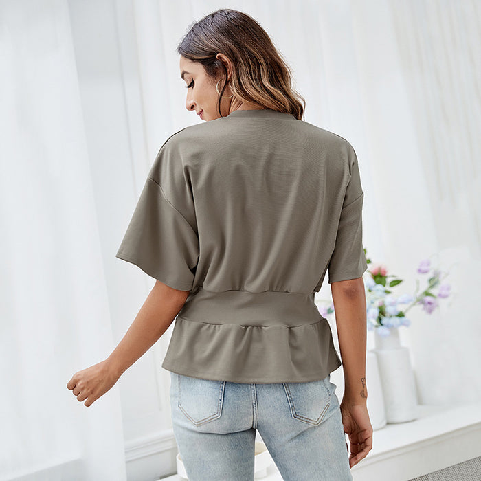 Summer Elegant Bottoming Shirt round Neck Short Sleeve Casual Women Slim Fit Pullover Waist Tight T-shirt