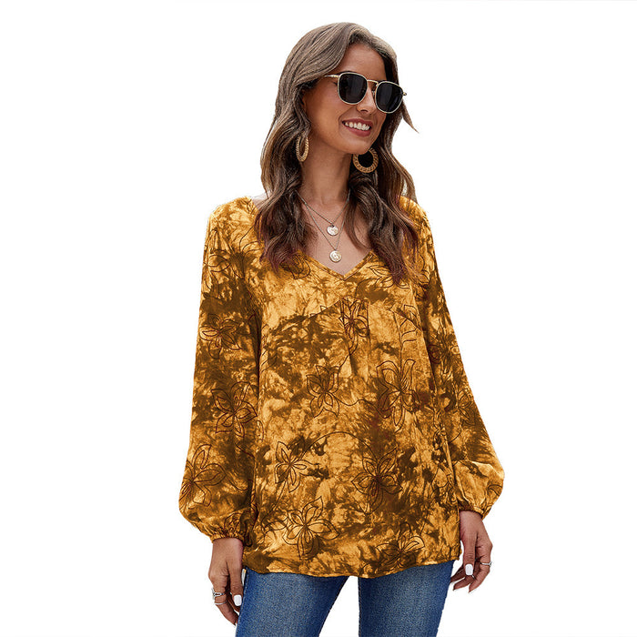 Women Clothing Top Casual Patchwork V neck Tie Dyed Long Sleeved Shirt Women