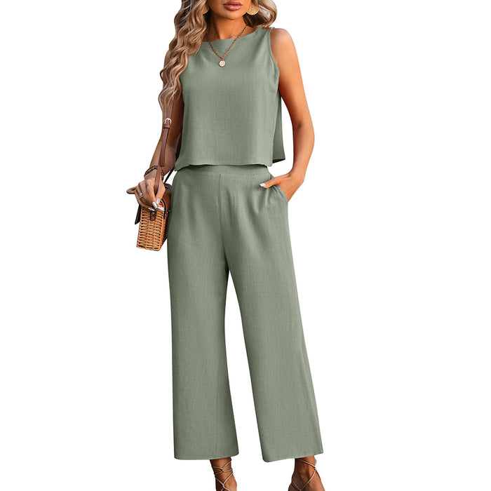 Summer Women Clothing Sleeveless Vest Wide Leg Cropped Pants Casual Two Piece Set