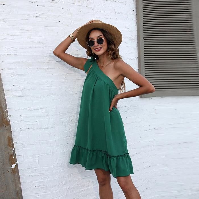 New Women Dress Fashion Shoulder-Baring Lace-up Small Chiffon Dress