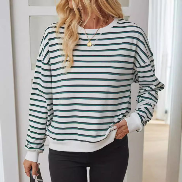 Women Clothing Autumn Winter Loose Casual Striped Long Sleeve Short Sweater for Women