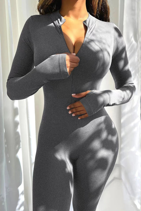 Women Sports Jumpsuit Workout Ribbed Long Sleeve Zipper Casual Jumpsuit Trousers Tight