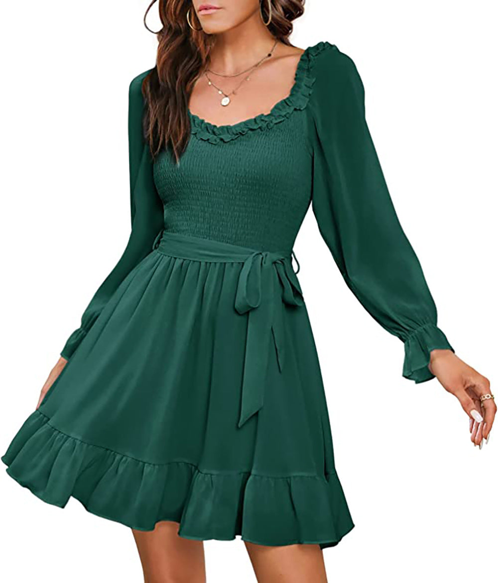 Early Spring Chiffon Dress Women Ruffled V neck Fitted Waist Sweet A line Dress