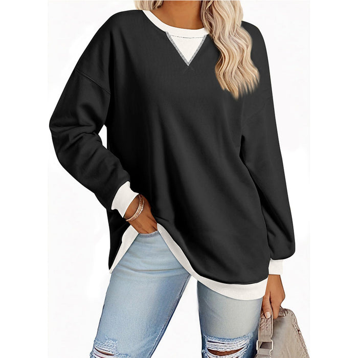 Autumn Winter Solid Color Round Neck Fork Loose Sweatshirt Sweater Women