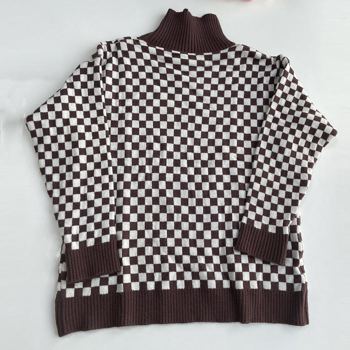 Autumn Winter Chessboard Plaid Stand Collar Color Matching Sweater Women Loose Soft Knitted Top