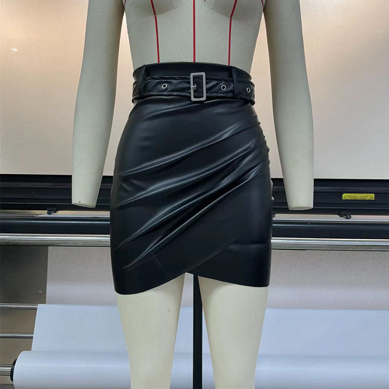 Metallic Coated Fabric Women Leather Skirt Zipper Irregular Asymmetric Sexy Hip Skirt