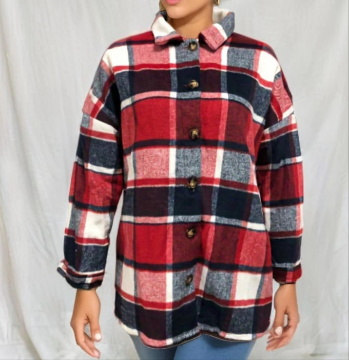 Women Autumn Winter Long Sleeve Plaid Long Wool Coat