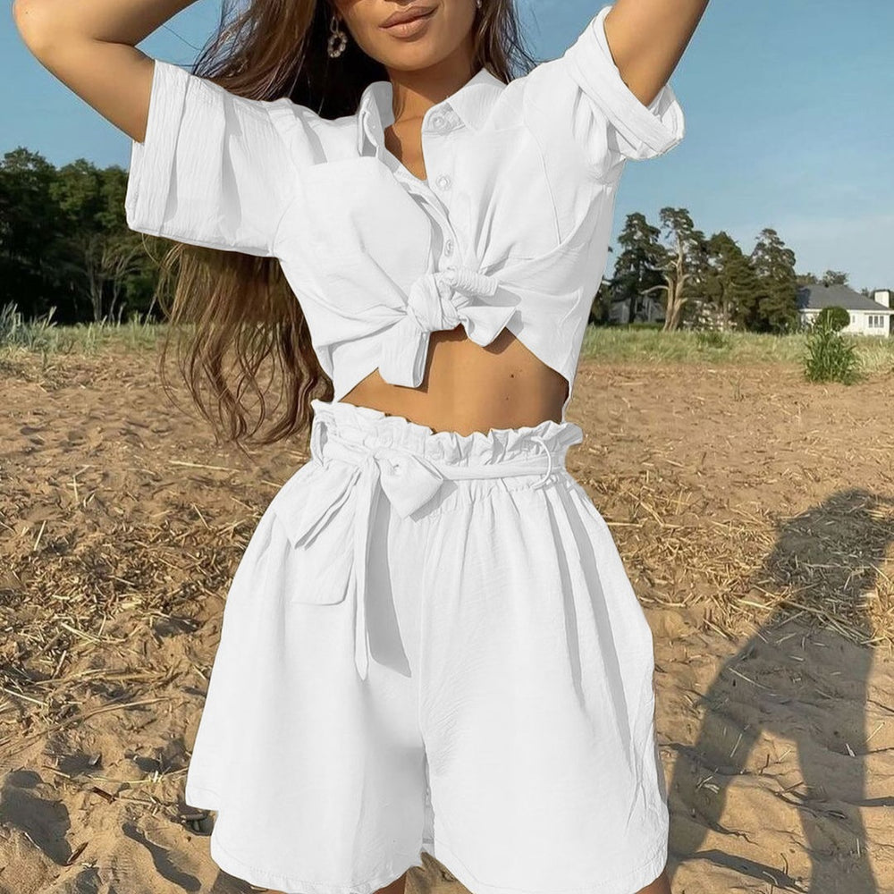 Women Clothing Solid Color Single-Breasted Short Sleeve Shirt Strap Casual Beach Two-Piece Set