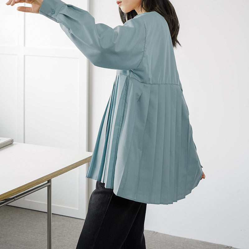 Japanese Letian Spring Loose Solid Color Pleated Shirt Women Mid Length Bottoming Shirt