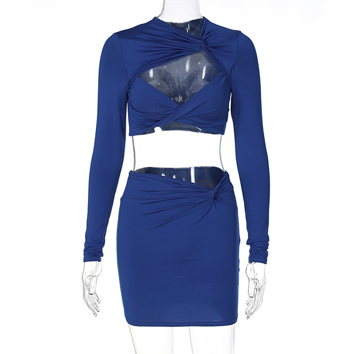 Women Clothing Autumn Sexy Hollow Out Cutout out Long Sleeve Top Slim Skirt Set