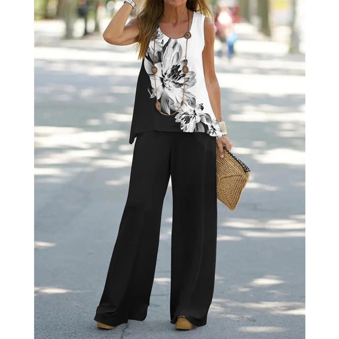 Summer Casual Women Printed Sleeveless Top Elastic High Waist Trousers Two Piece Set