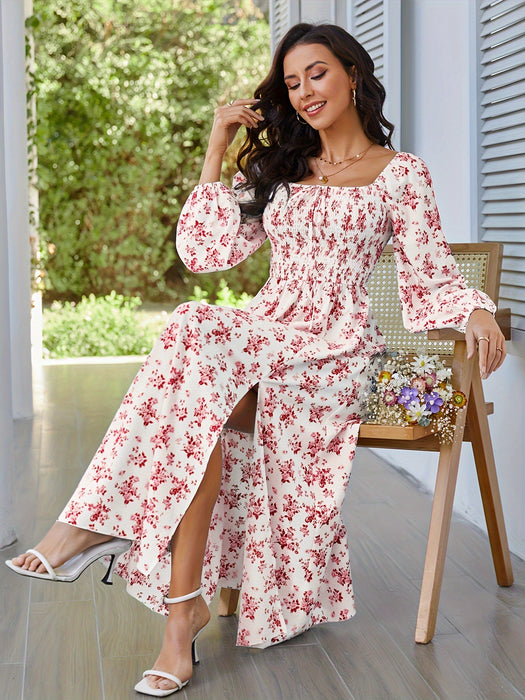 Spring Summer Romantic Elegant Women Dress Square Collar Smocking Long Sleeve Slit Floral Dress Dress