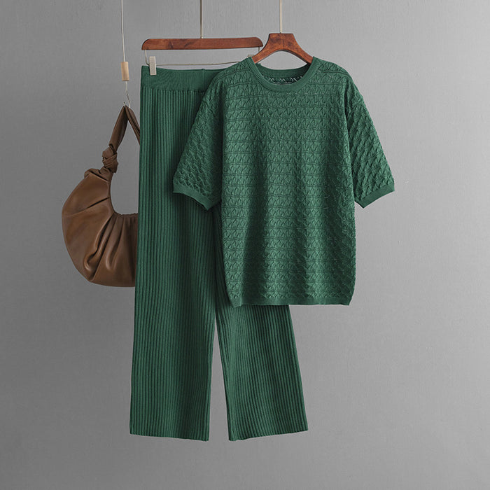 Summer Solid Color Hollow Out Cutout out Casual round Neck Short Sleeve Trousers Knitted Two Piece Set