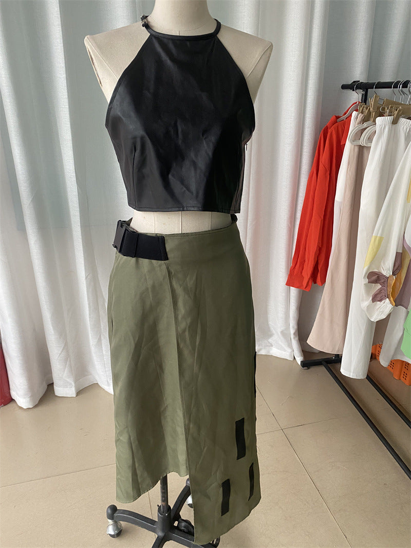 Women Suit Sleeveless Halter Short Top Irregular Asymmetric Skirt Two