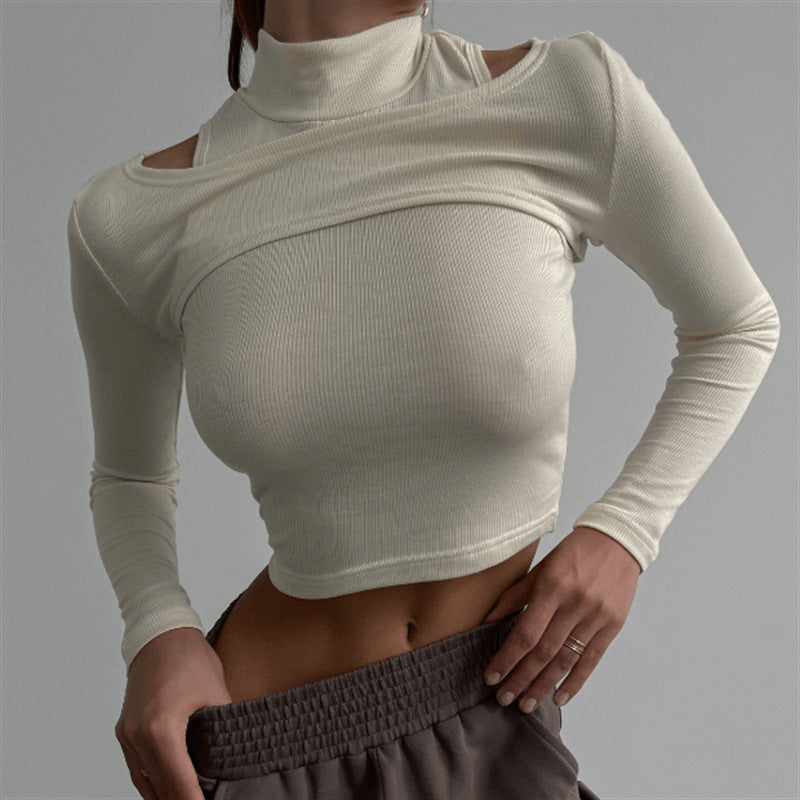 Autumn Winter Sexy Inner Half High Collar Vest T shirt Two Piece Set Cropped Solid Color Long Sleeve Slim Fit Short Top for Women