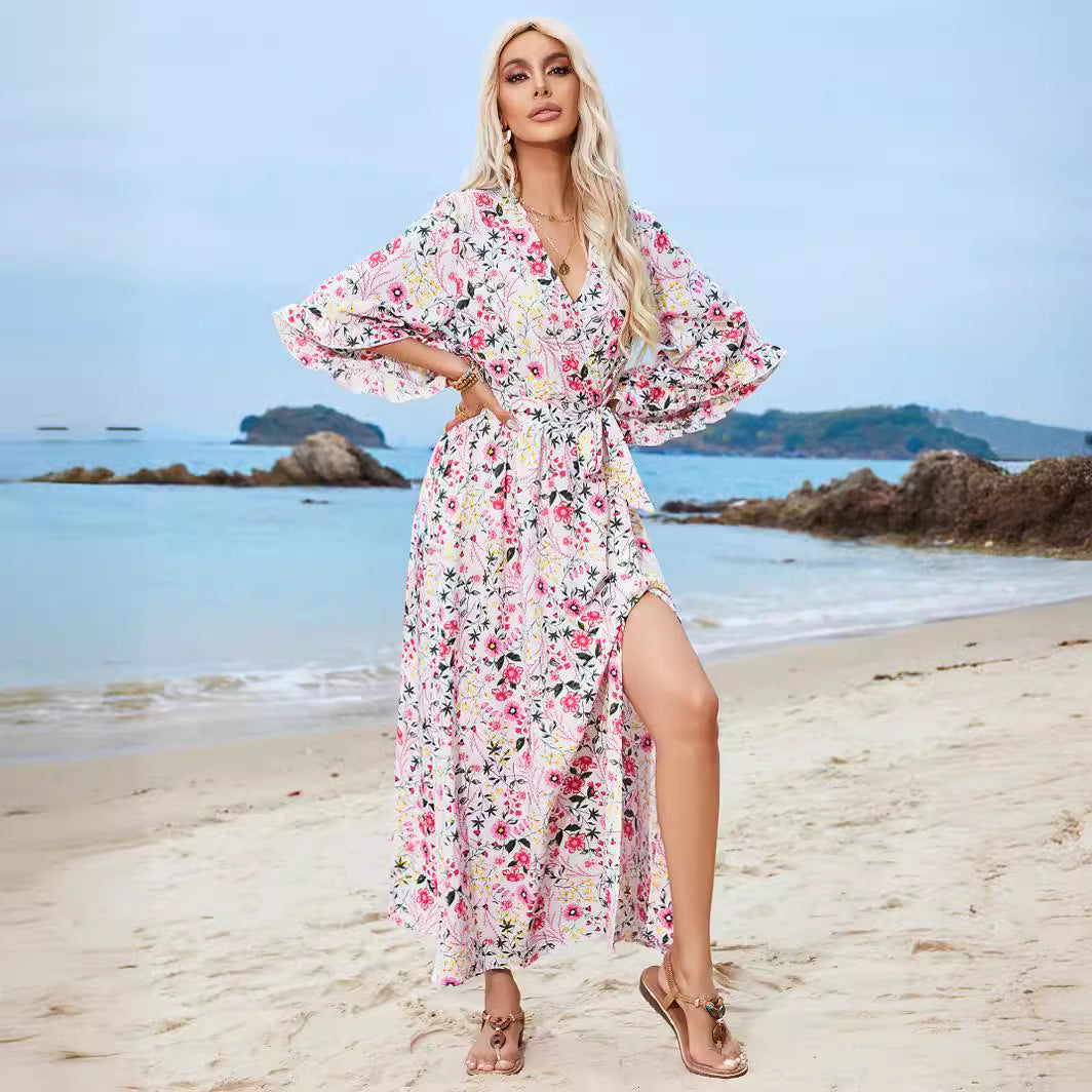 Summer Bohemian Beach Vacation Ruffle Sleeve Lace up Dress