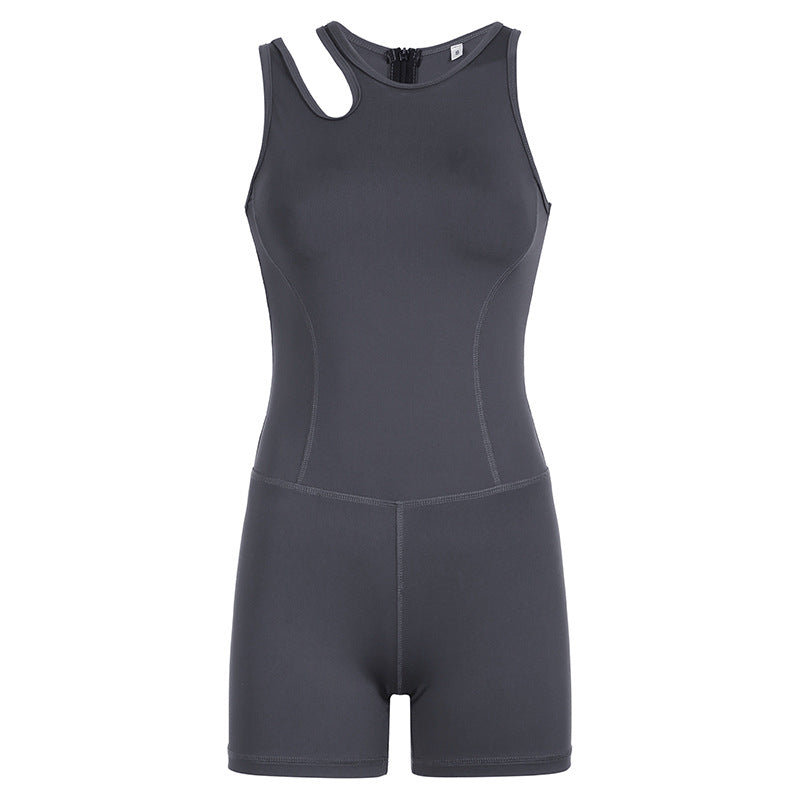 Casual Sports Asymmetric Shoulder Strap Hollow Out Cutout Solid Color Fitness Yoga Jumpsuit Shorts Women